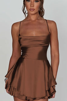 Marie | Damen Rückenfreies Minikleid Geraffter Taille Satin Cocktailkleid – Kaffeebraun