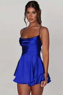 Marie | Damen Rückenfreies Minikleid Geraffter Taille Satin Cocktailkleid – Königsblau