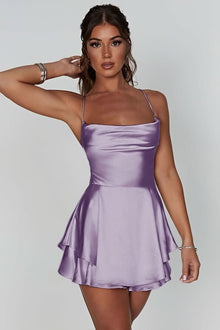 Marie | Damen Rückenfreies Minikleid Geraffter Taille Satin Cocktailkleid – Lavendel
