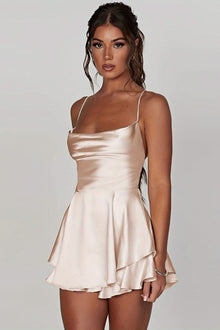Marie | Damen Rückenfreies Minikleid Geraffter Taille Satin Cocktailkleid – Milchweiß