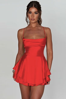 Marie | Damen Rückenfreies Minikleid Geraffter Taille Satin Cocktailkleid – Rot