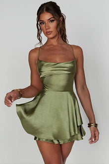 Marie | Damen Rückenfreies Minikleid Geraffter Taille Satin Cocktailkleid – Matcha