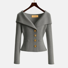 Damen-Rippstrick-Cardigan mit Off-Shoulder-Kragen und Zierknöpfen – Grau