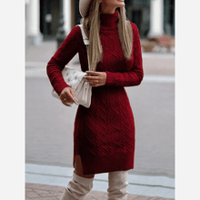 Damen Herbst Rollkragen Strickkleid mit Seitenschlitz – Rot