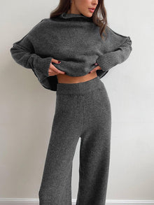 Damen Rollkragenpullover und Weite Hose Set mit Langen Ärmeln – Grau