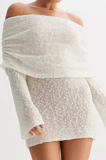 Damen Schulterfreies Minikleid mit Langen Ärmeln Drapierter Brustpartie und Strukturierter Oberfläche – Cremefarben
