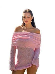 Damen Schulterfreies Minikleid mit langen Ärmeln und drapiertem Ausschnitt – Hellrosa