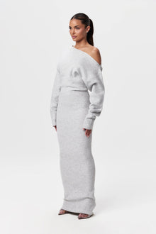 Damen Schulterfreies Strickkleid mit Asymmetrischem Ausschnitt Langen Ärmeln und Maxilänge – Grau