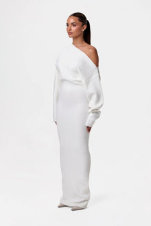 Damen Schulterfreies Strickkleid mit Asymmetrischem Ausschnitt Langen Ärmeln und Maxilänge – Weiß
