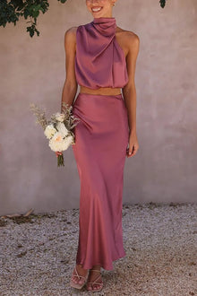 Damen Set mit Neckholder-Top und Midirock – Rosenrot