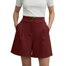 Damen Shorts mit hohem Bund und weitem Bein sowie Falten und zwei Knöpfen – Burgund