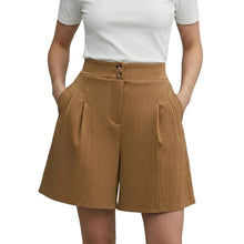 Damen Shorts mit hohem Bund und weitem Bein sowie Falten und zwei Knöpfen – Khaki