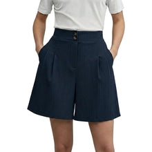 Damen Shorts mit hohem Bund und weitem Bein sowie Falten und zwei Knöpfen – Marineblau