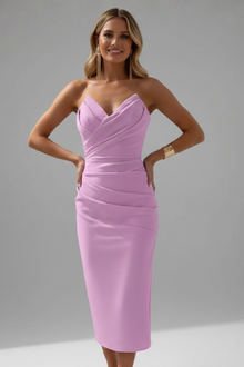 Damen Strapless Wrap-Front Midi Kleid – Hellrosa