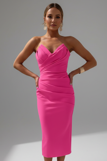 Damen Strapless Wrap-Front Midi Kleid – Magenta