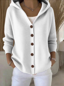 Annika | Damen Strick-Cardigan mit Kapuze Knopfleiste Relaxed Fit – Weiß