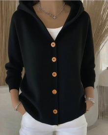 Annika | Damen Strick-Cardigan mit Kapuze Knopfleiste Relaxed Fit – Schwarz