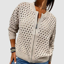 Elfriede | Damen Strick-Cardigan mit Lochmuster und Reißverschluss – Beige