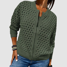 Elfriede | Damen Strick-Cardigan mit Lochmuster und Reißverschluss – Grün