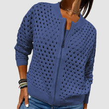 Elfriede | Damen Strick-Cardigan mit Lochmuster und Reißverschluss – Blau