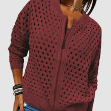 Elfriede | Damen Strick-Cardigan mit Lochmuster und Reißverschluss – Burgunderrot