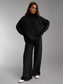 Damen Strick-Set mit Rollkragenpullover und weiter Hose – Schwarz