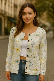 Damen Strickjacke mit floralem Muster und Knopfleiste – Weiß