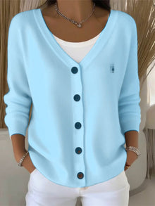 Leonie | Damen Strickjacke V-Ausschnitt Langarm Knopfleiste Sweater Women – Blau