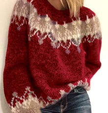 Marie | Damen Strickpullover lockerem Schnitt Weihnachts-Norweger-Muster – Rot