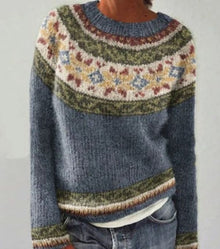 Hannah | Damen Strickpullover mit Buntem Muster für den Alltag Rundhalsausschnitt – Blau