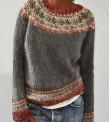 Hannah | Damen Strickpullover mit Buntem Muster für den Alltag Rundhalsausschnitt – Grauer Kranz