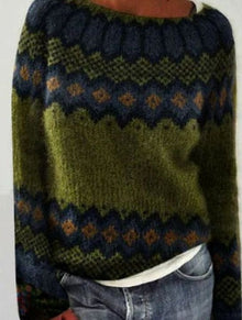 Hannah | Damen Strickpullover mit Buntem Muster für den Alltag Rundhalsausschnitt – Grün
