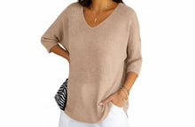 Damen Strickpullover mit V-Ausschnitt und kurzen Ärmeln – Beige