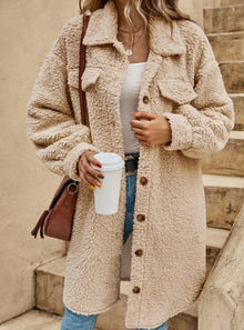 Damen Teddymantel in Beige mit Knopfleiste – Beige