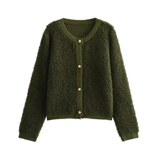 Damen Teddy Strickjacke lässiger Stil mit Knöpfen – Grün