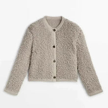 Damen Teddy Strickjacke lässiger Stil mit Knöpfen – Khaki