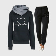 Damen Jogginganzug mit Herzmotiv und Kapuzenpullover – Schwarz
