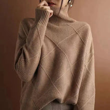 Lena | Damen Turtleneck Sweater Oversized Strickpullover mit Rautenmuster – Braun