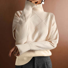 Lena | Damen Turtleneck Sweater Oversized Strickpullover mit Rautenmuster – Beige
