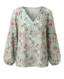 Damen V-Ausschnitt Bluse mit Blumenmuster und langen Ärmeln – Grün