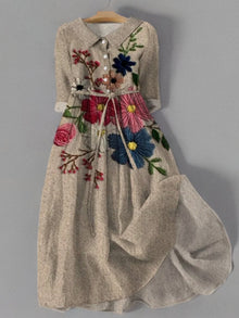 Hannah | Damen Vintage Langarmkleid Botanische Stickerei Midikleid Taschen – Wie Abgebildet