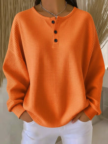 Marlene | Damen Waffelstrick Knit Sweater Langarm Henley Pullover – Orange