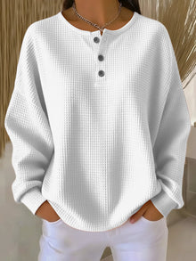 Marlene | Damen Waffelstrick Knit Sweater Langarm Henley Pullover – Weiß