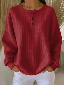 Marlene | Damen Waffelstrick Knit Sweater Langarm Henley Pullover – Rot