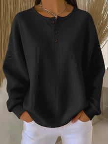 Marlene | Damen Waffelstrick Knit Sweater Langarm Henley Pullover – Schwarz