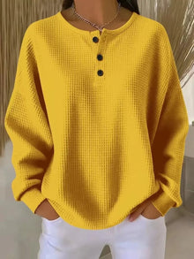 Marlene | Damen Waffelstrick Knit Sweater Langarm Henley Pullover – Gelb