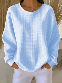Amelie | Damen Waffelstrick Oversized Rundhals Langarm Pullover – Himmelblau