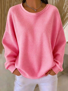 Amelie | Damen Waffelstrick Oversized Rundhals Langarm Pullover – Rosa