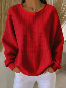 Amelie | Damen Waffelstrick Oversized Rundhals Langarm Pullover – Rot