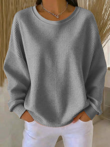 Amelie | Damen Waffelstrick Oversized Rundhals Langarm Pullover – Grau